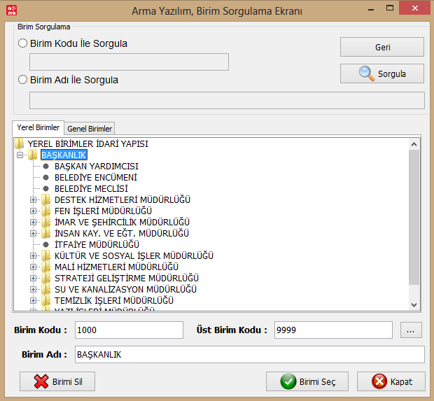 Arma EBYS birim sorgulama ekranı